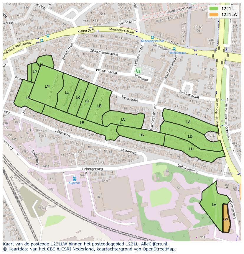 Afbeelding van het postcodegebied 1221 LW op de kaart.