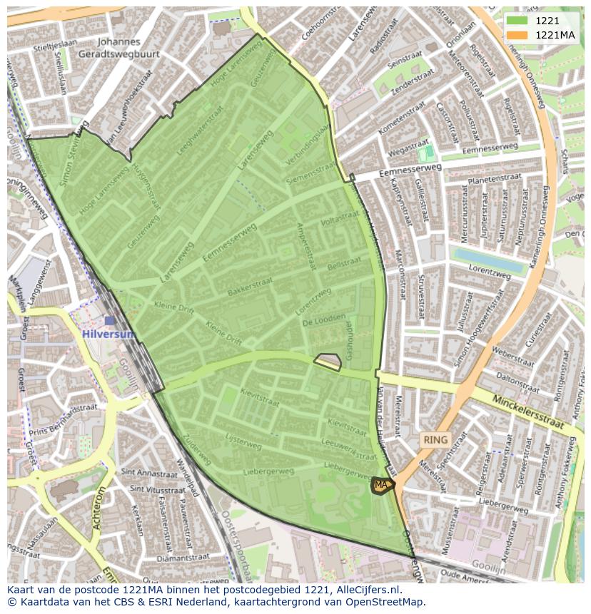 Afbeelding van het postcodegebied 1221 MA op de kaart.