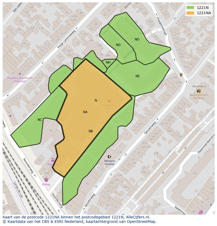 Afbeelding van het postcodegebied 1221 NA op de kaart.