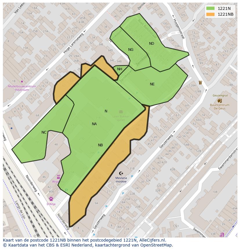 Afbeelding van het postcodegebied 1221 NB op de kaart.