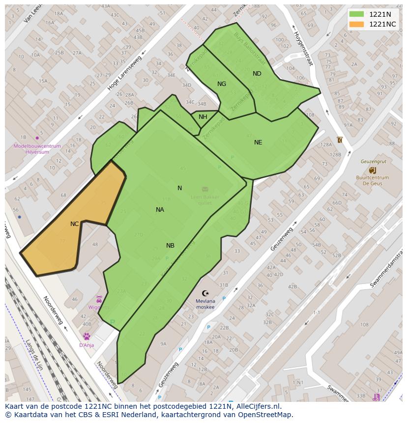 Afbeelding van het postcodegebied 1221 NC op de kaart.