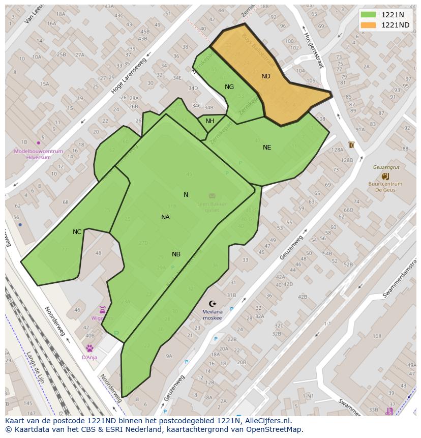 Afbeelding van het postcodegebied 1221 ND op de kaart.