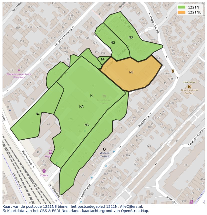 Afbeelding van het postcodegebied 1221 NE op de kaart.
