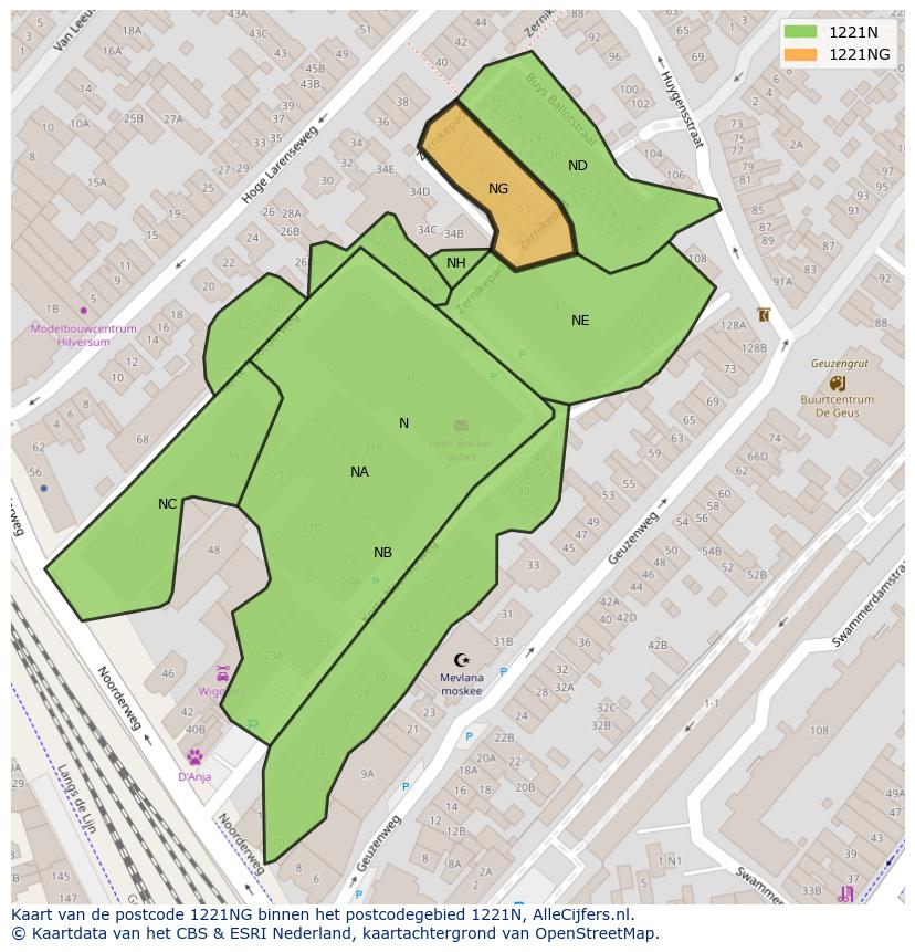 Afbeelding van het postcodegebied 1221 NG op de kaart.