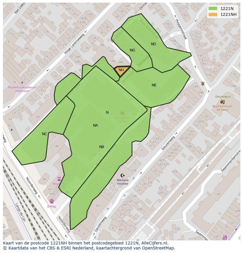 Afbeelding van het postcodegebied 1221 NH op de kaart.