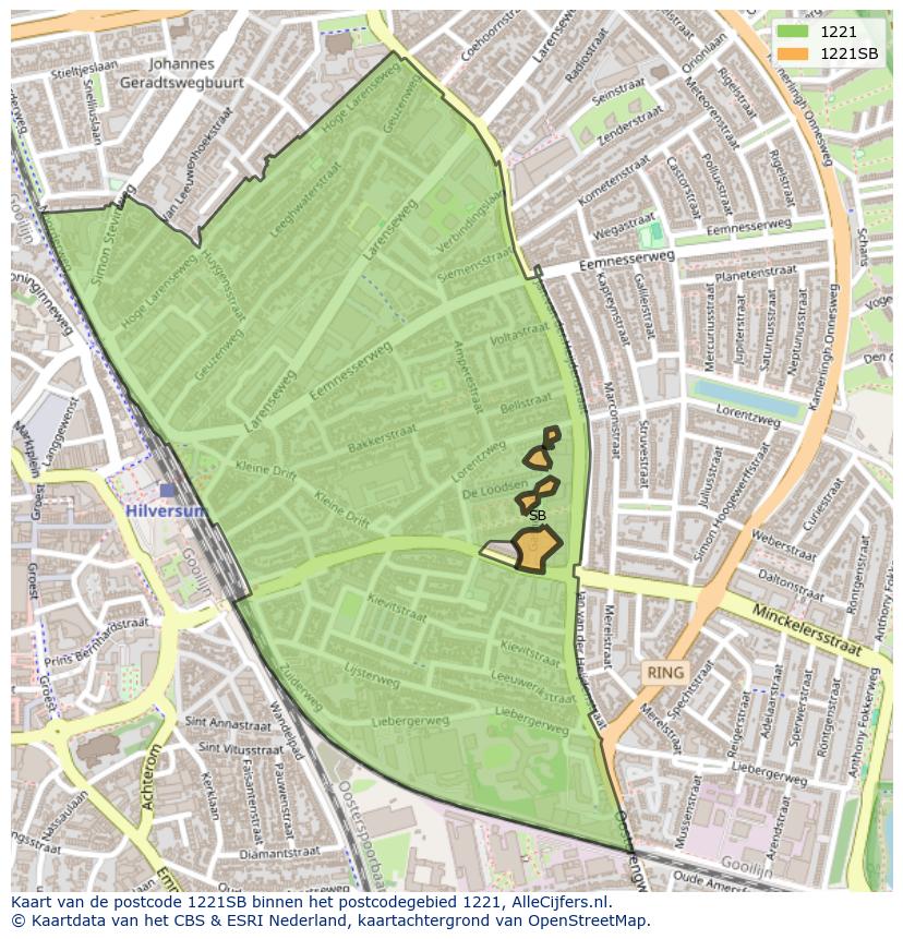 Afbeelding van het postcodegebied 1221 SB op de kaart.