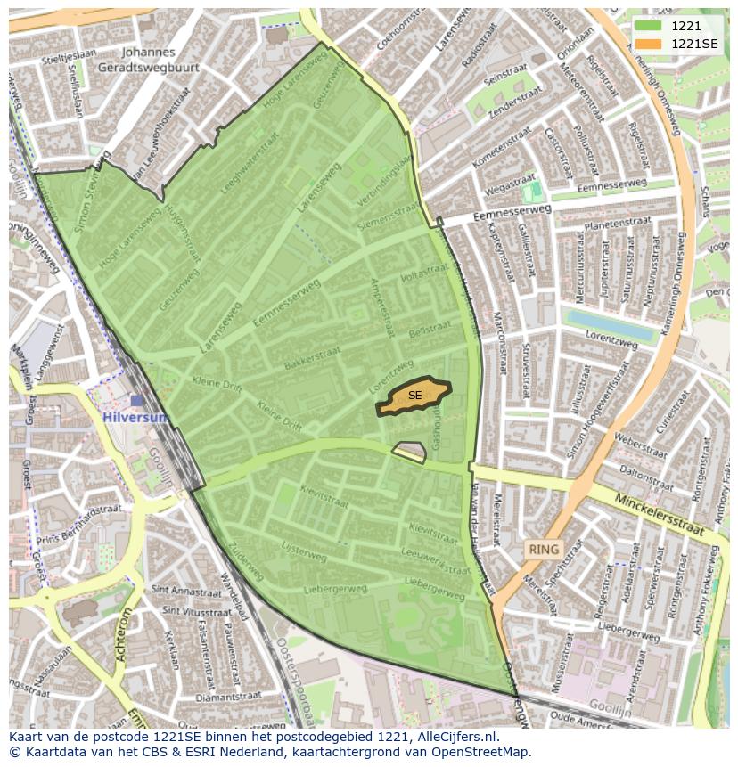 Afbeelding van het postcodegebied 1221 SE op de kaart.