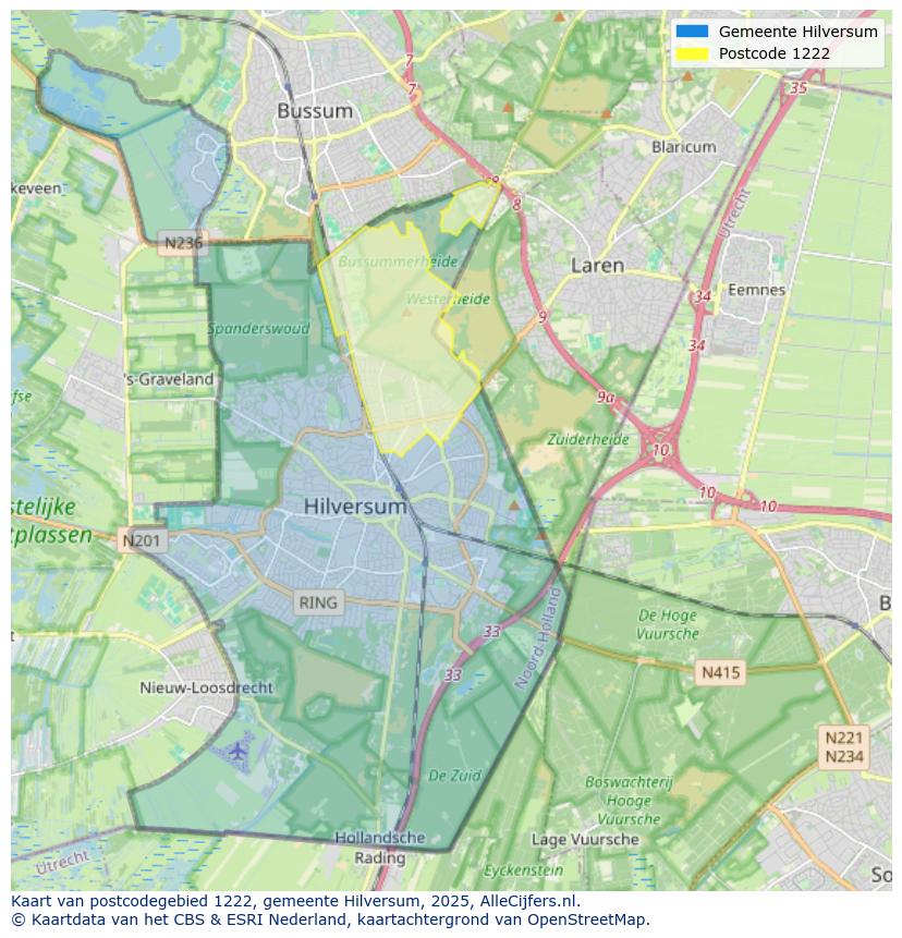 Afbeelding van het postcodegebied 1222 op de kaart.