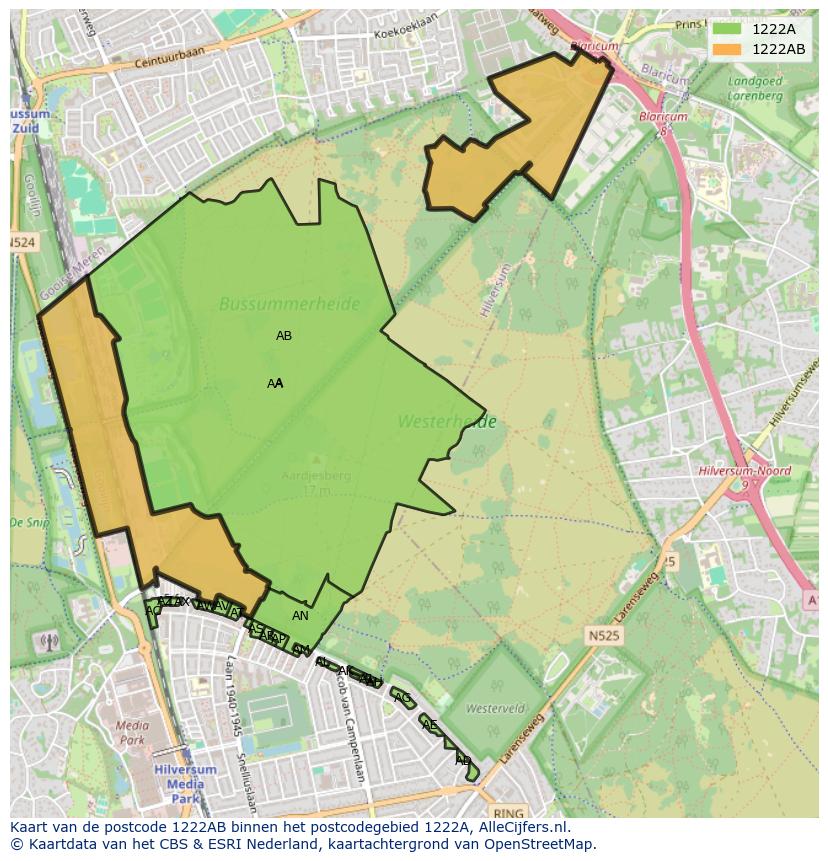 Afbeelding van het postcodegebied 1222 AB op de kaart.