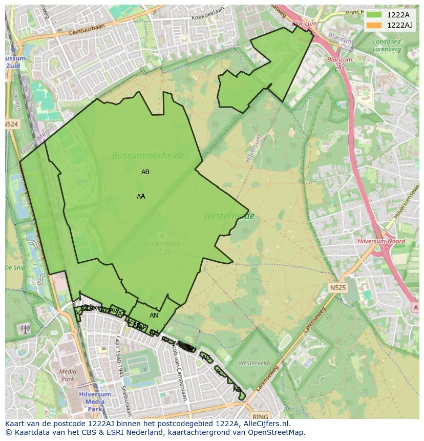 Afbeelding van het postcodegebied 1222 AJ op de kaart.