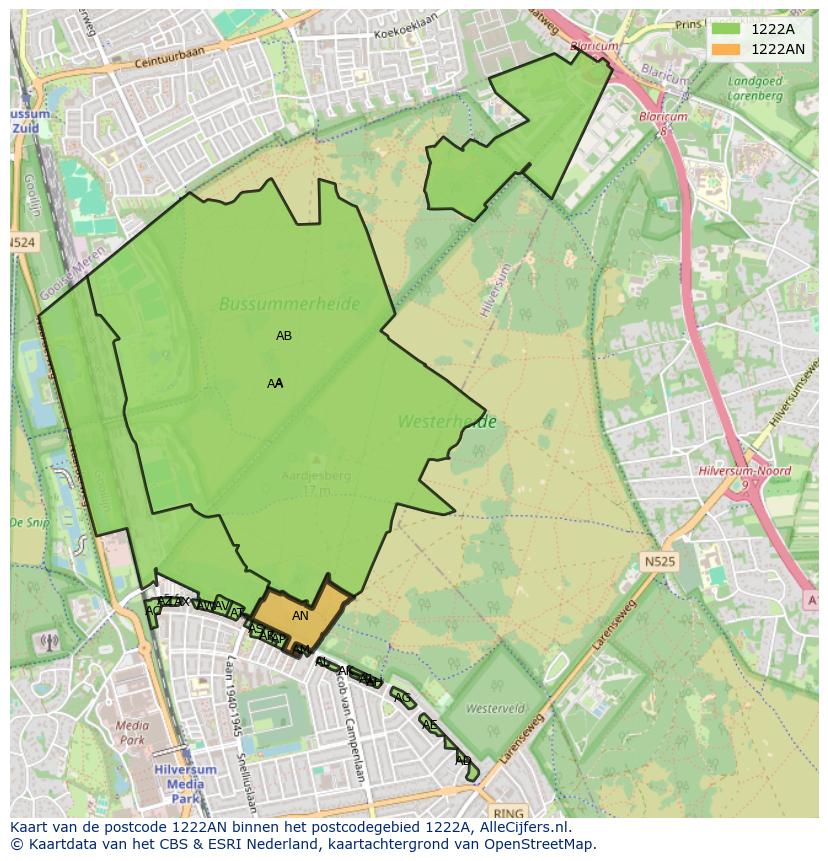 Afbeelding van het postcodegebied 1222 AN op de kaart.