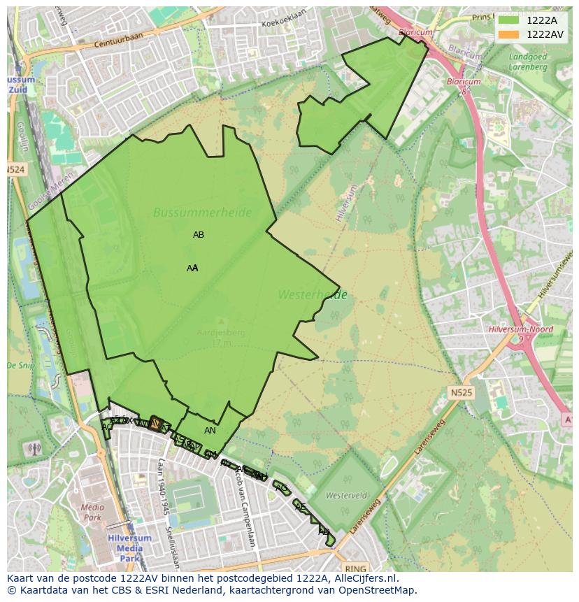 Afbeelding van het postcodegebied 1222 AV op de kaart.