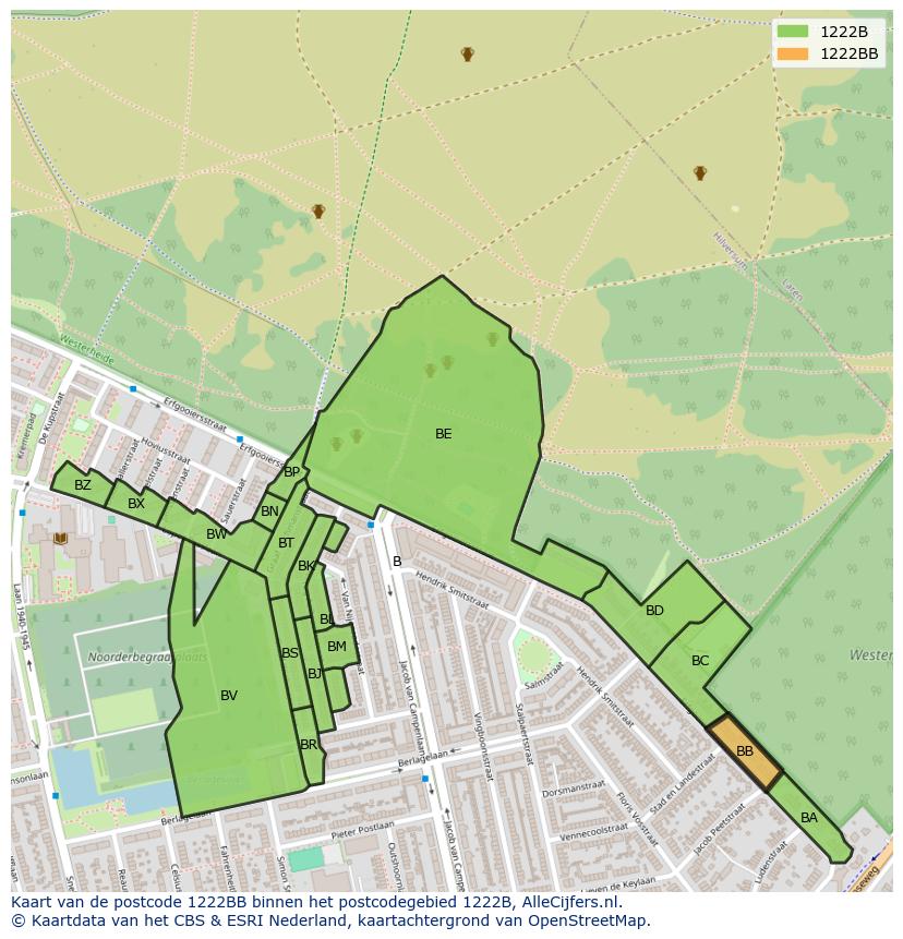 Afbeelding van het postcodegebied 1222 BB op de kaart.