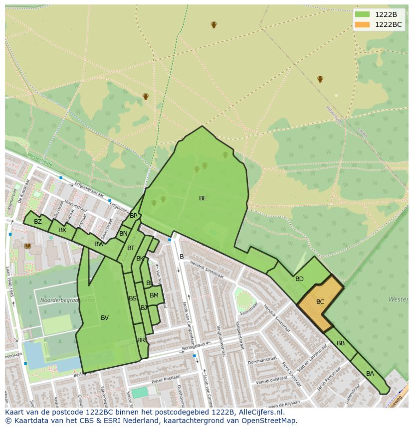 Afbeelding van het postcodegebied 1222 BC op de kaart.