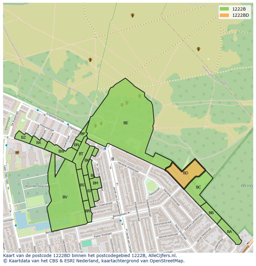 Afbeelding van het postcodegebied 1222 BD op de kaart.