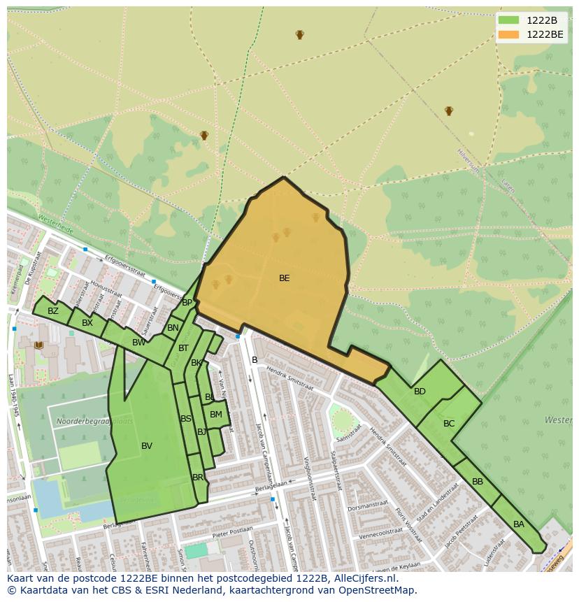 Afbeelding van het postcodegebied 1222 BE op de kaart.