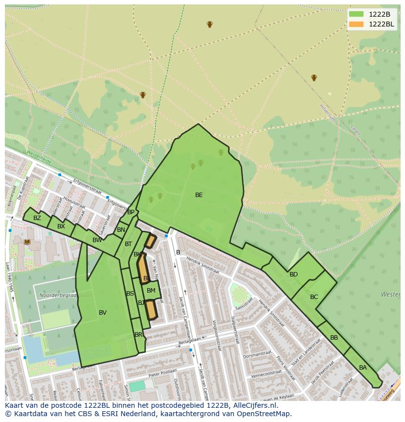 Afbeelding van het postcodegebied 1222 BL op de kaart.