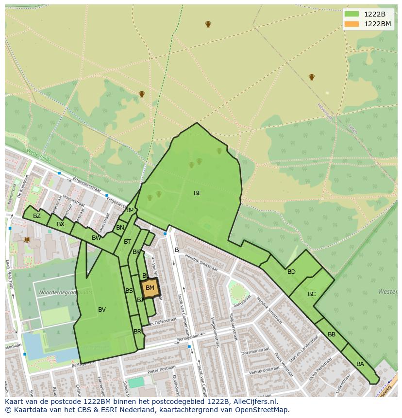 Afbeelding van het postcodegebied 1222 BM op de kaart.