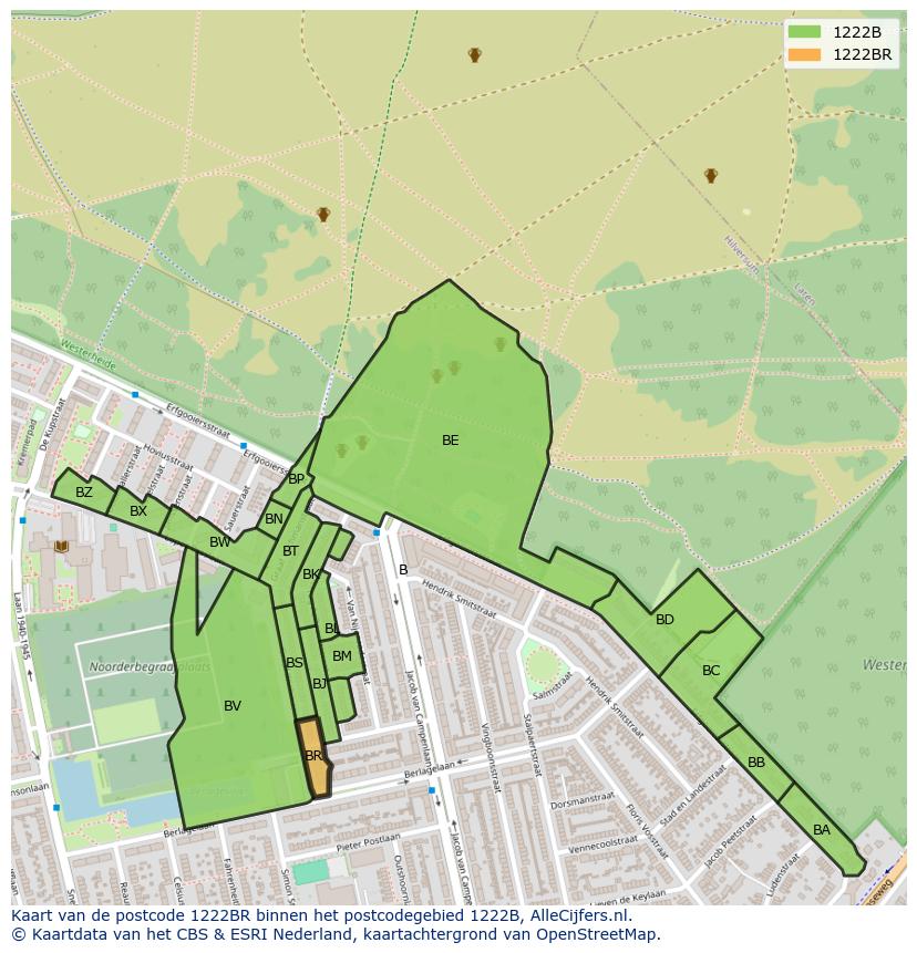 Afbeelding van het postcodegebied 1222 BR op de kaart.