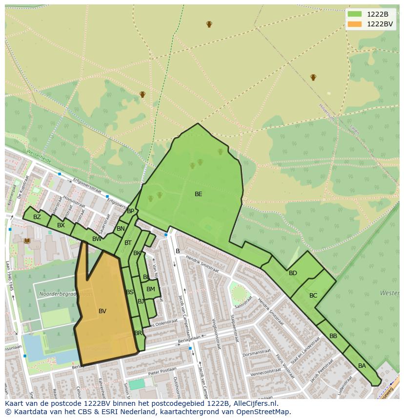 Afbeelding van het postcodegebied 1222 BV op de kaart.