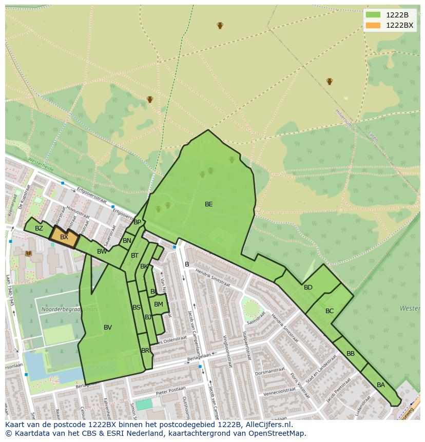 Afbeelding van het postcodegebied 1222 BX op de kaart.