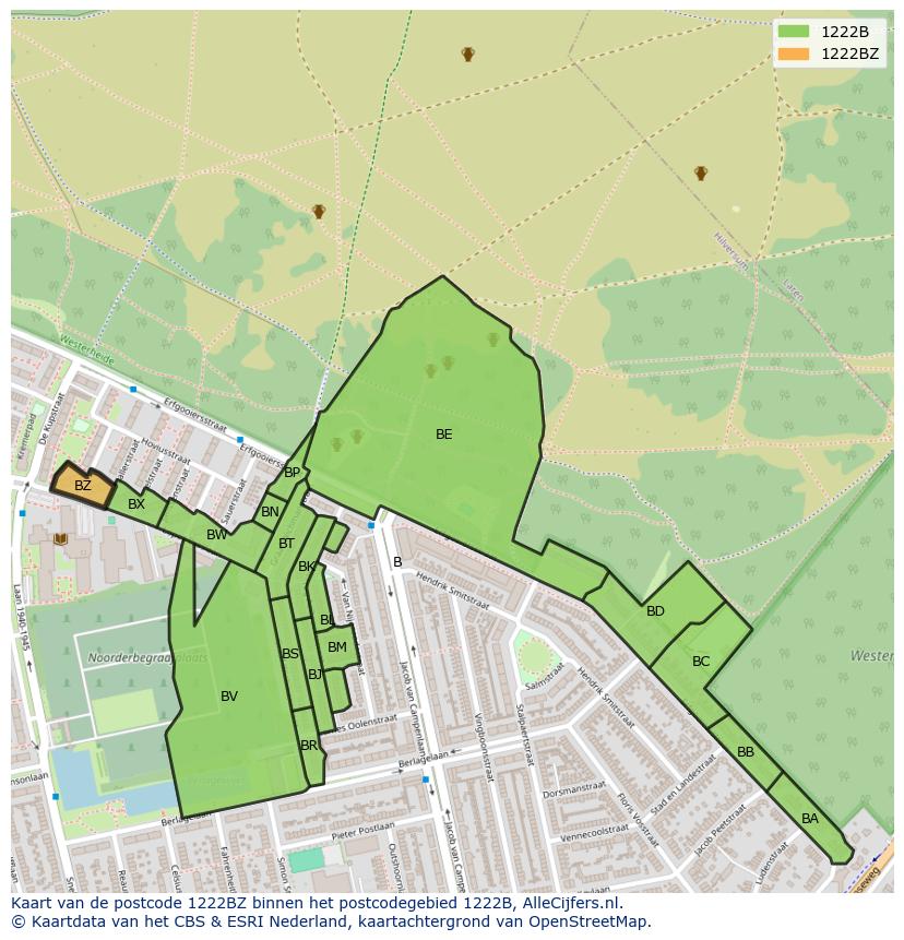 Afbeelding van het postcodegebied 1222 BZ op de kaart.