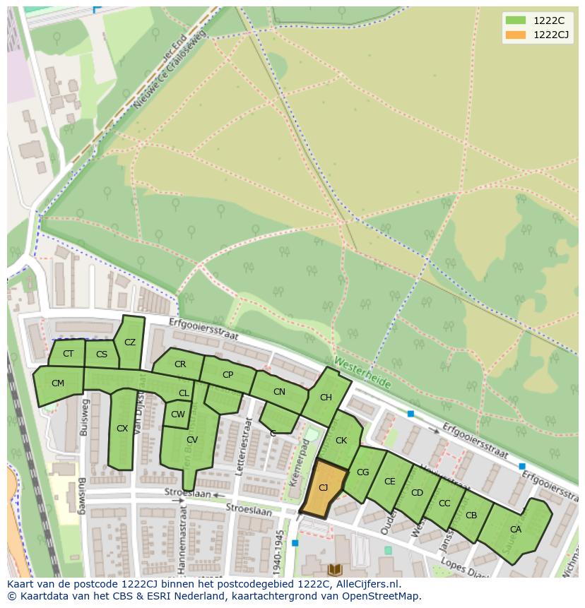Afbeelding van het postcodegebied 1222 CJ op de kaart.