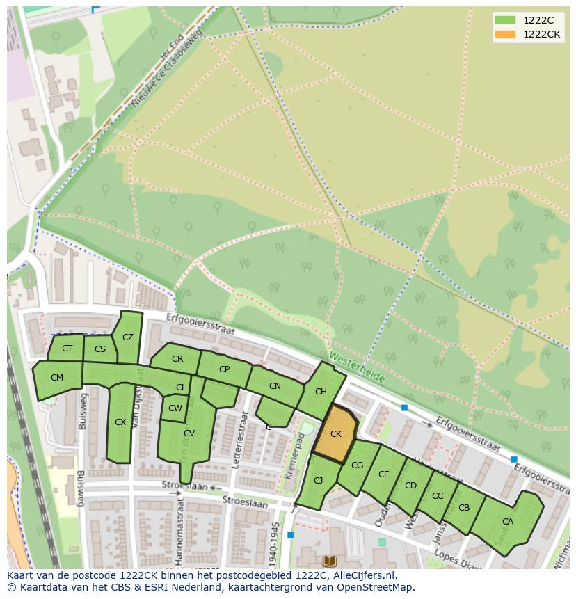 Afbeelding van het postcodegebied 1222 CK op de kaart.
