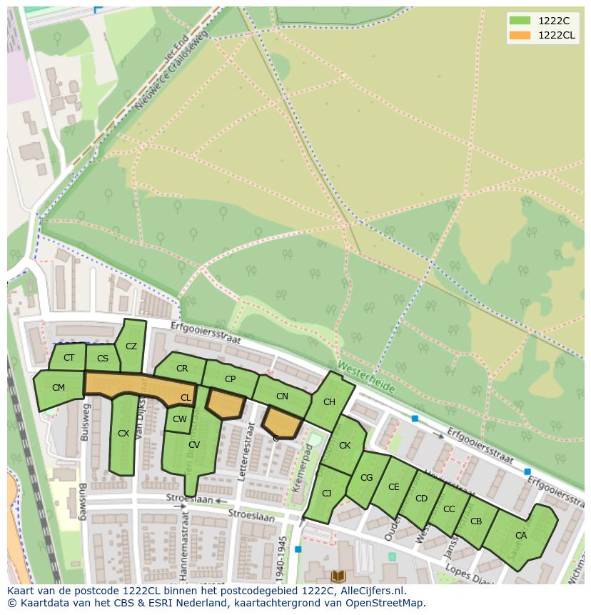 Afbeelding van het postcodegebied 1222 CL op de kaart.
