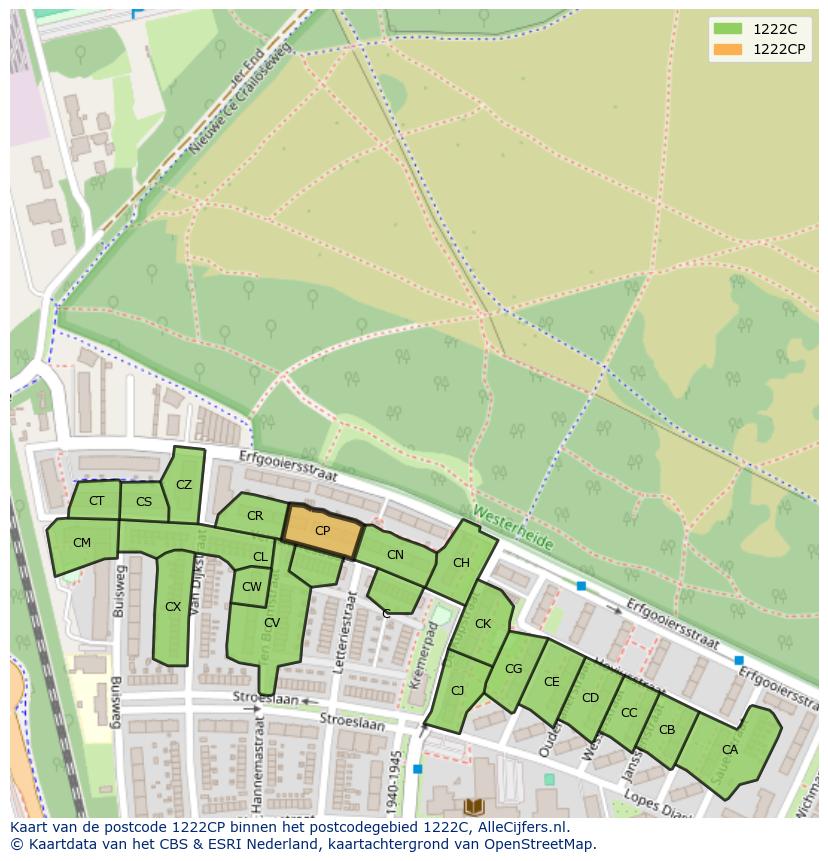 Afbeelding van het postcodegebied 1222 CP op de kaart.