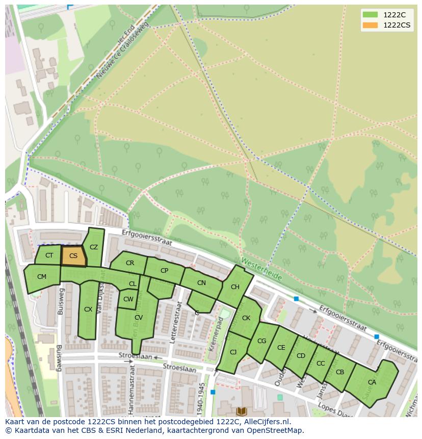 Afbeelding van het postcodegebied 1222 CS op de kaart.