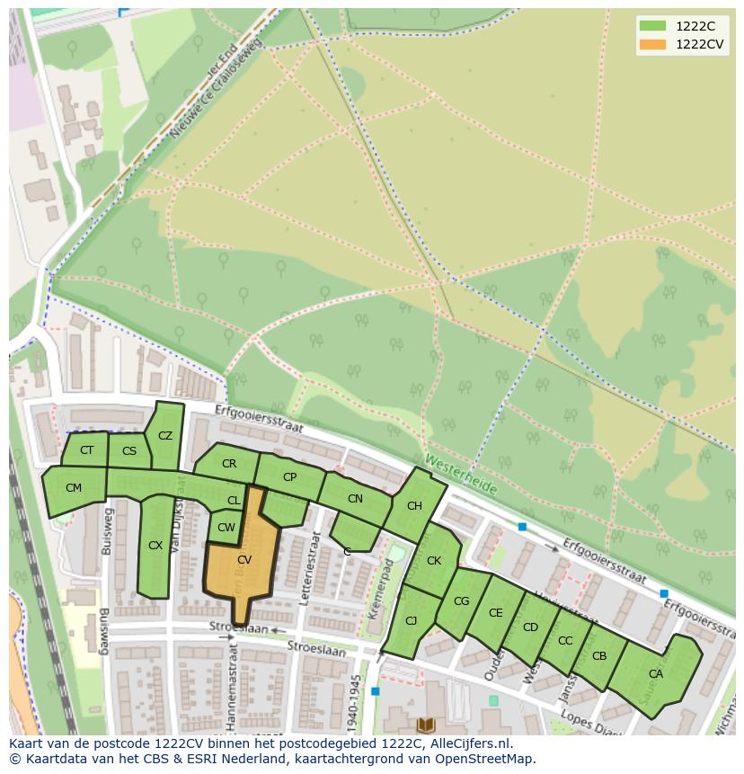 Afbeelding van het postcodegebied 1222 CV op de kaart.