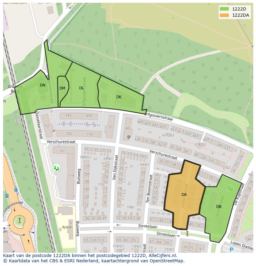 Afbeelding van het postcodegebied 1222 DA op de kaart.
