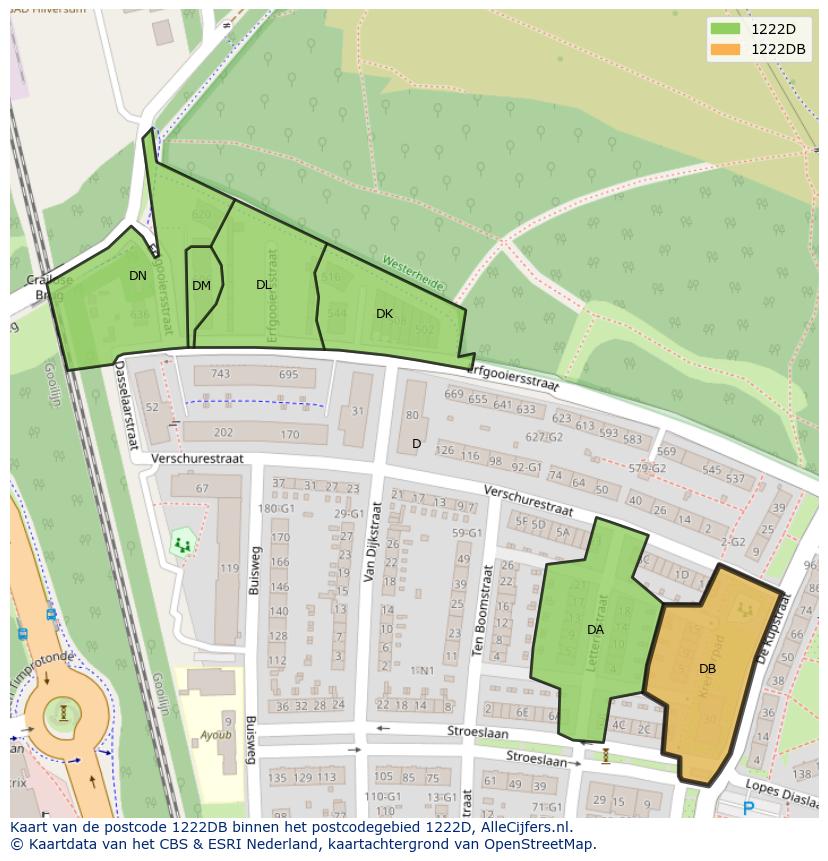 Afbeelding van het postcodegebied 1222 DB op de kaart.