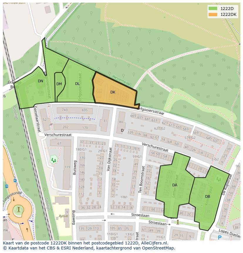 Afbeelding van het postcodegebied 1222 DK op de kaart.