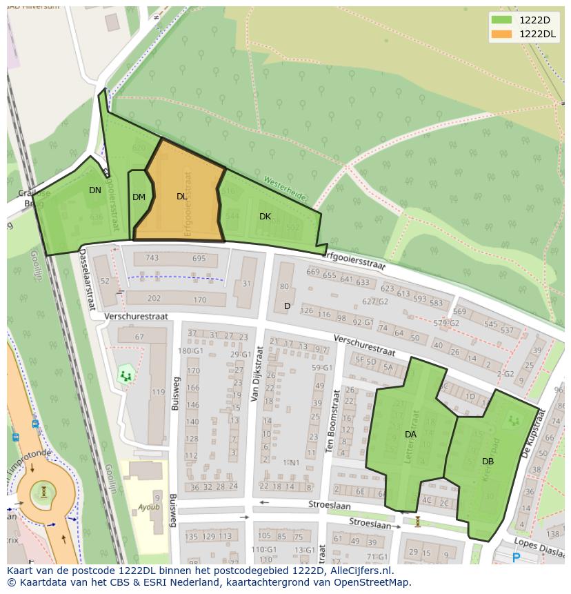 Afbeelding van het postcodegebied 1222 DL op de kaart.