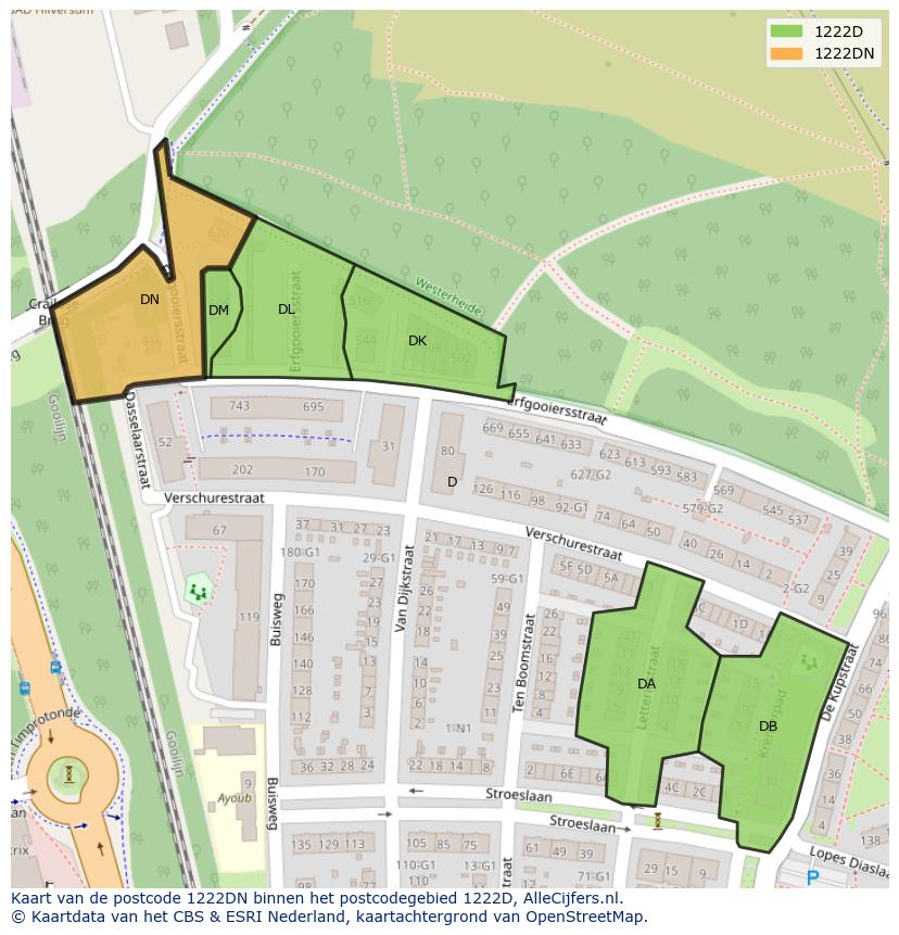 Afbeelding van het postcodegebied 1222 DN op de kaart.