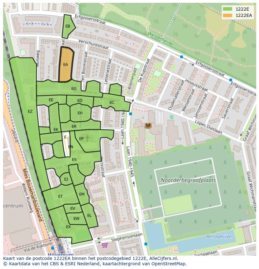 Afbeelding van het postcodegebied 1222 EA op de kaart.