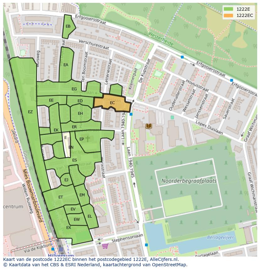Afbeelding van het postcodegebied 1222 EC op de kaart.