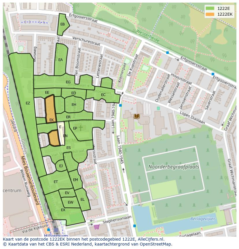 Afbeelding van het postcodegebied 1222 EK op de kaart.