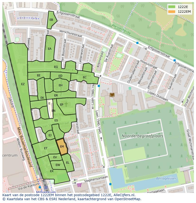 Afbeelding van het postcodegebied 1222 EM op de kaart.