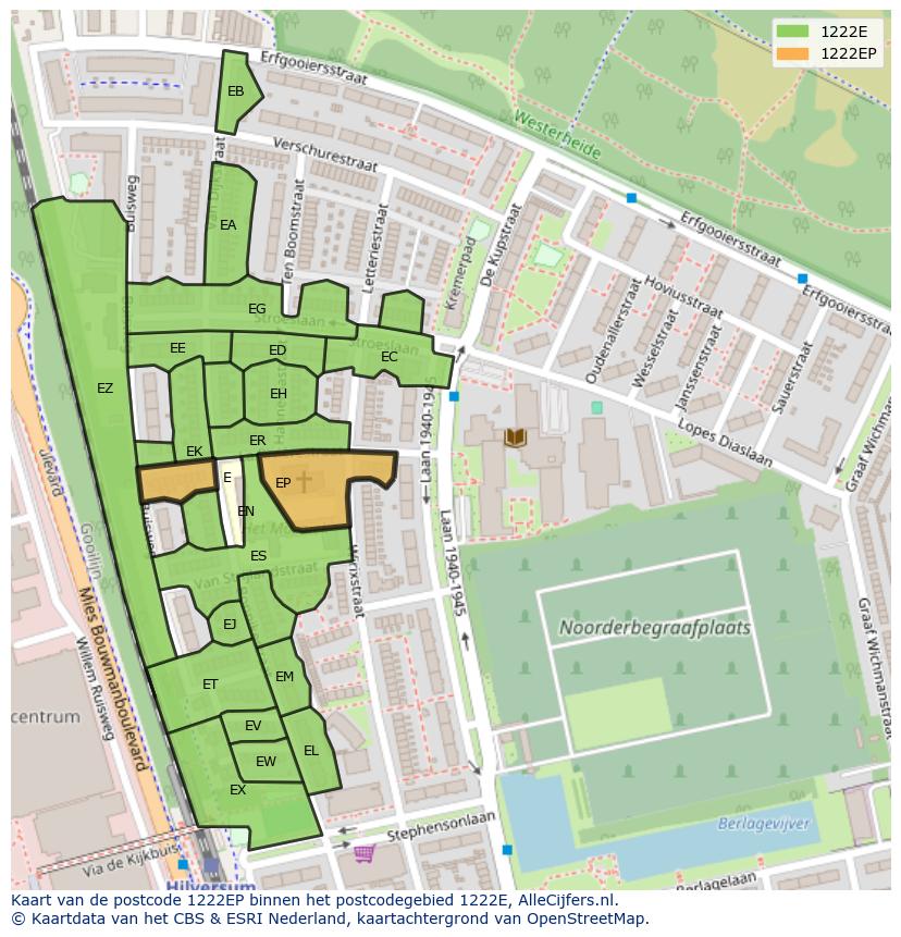 Afbeelding van het postcodegebied 1222 EP op de kaart.