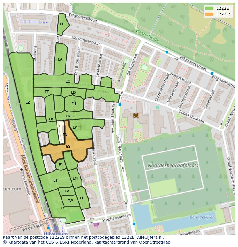 Afbeelding van het postcodegebied 1222 ES op de kaart.