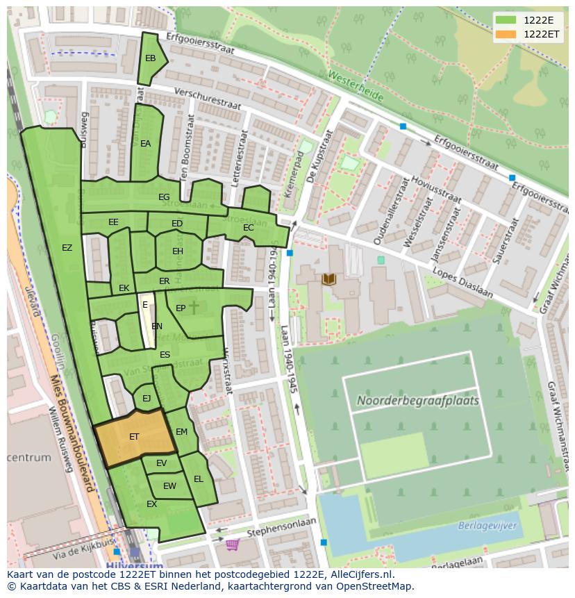 Afbeelding van het postcodegebied 1222 ET op de kaart.