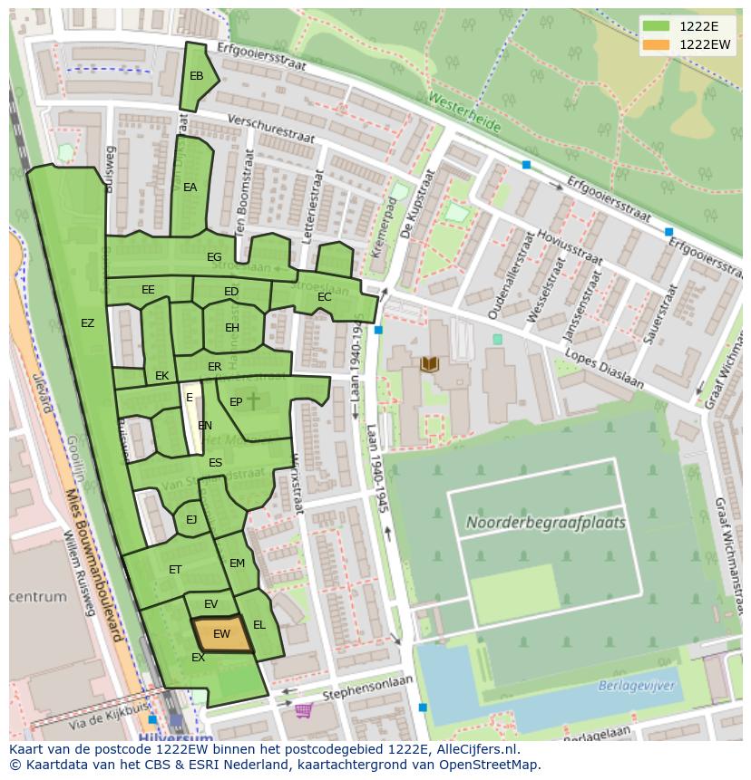 Afbeelding van het postcodegebied 1222 EW op de kaart.