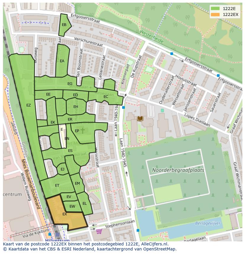 Afbeelding van het postcodegebied 1222 EX op de kaart.