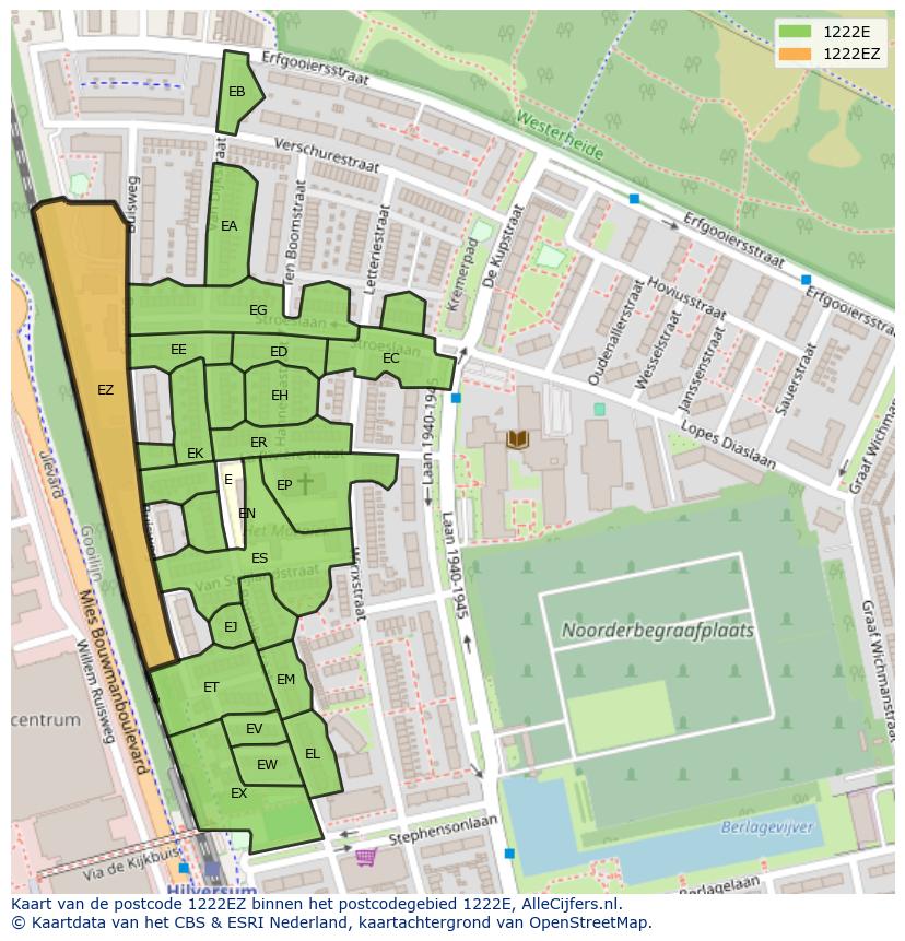 Afbeelding van het postcodegebied 1222 EZ op de kaart.