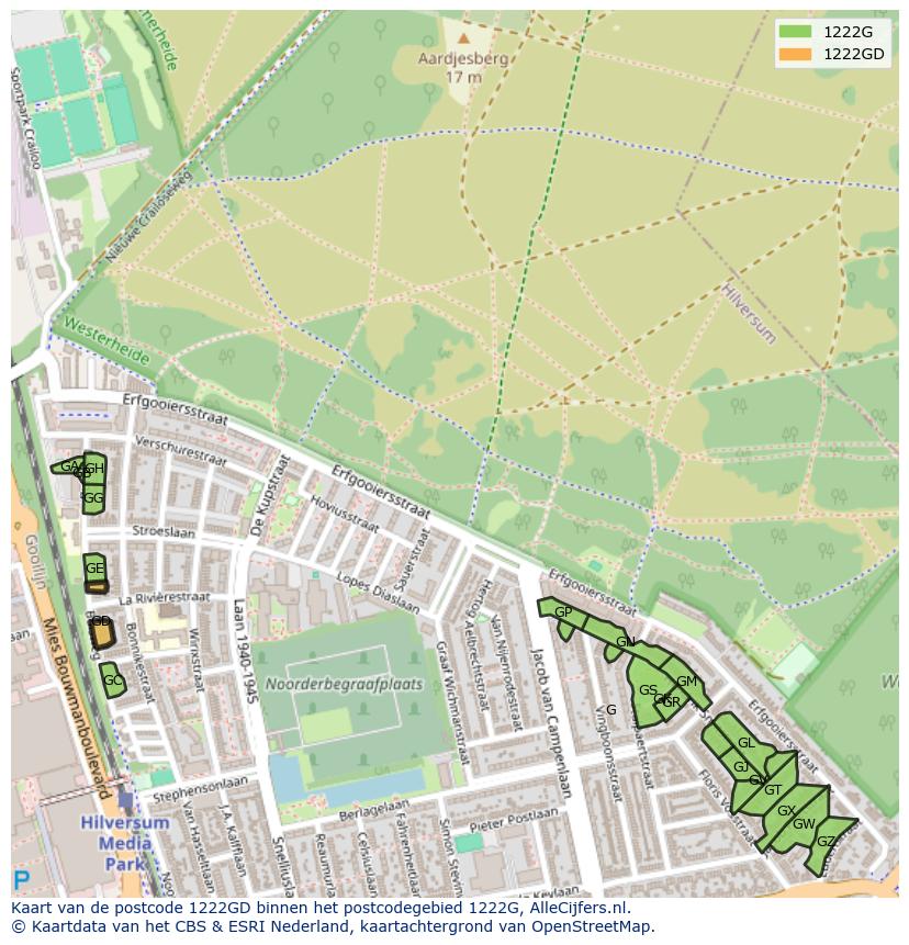 Afbeelding van het postcodegebied 1222 GD op de kaart.