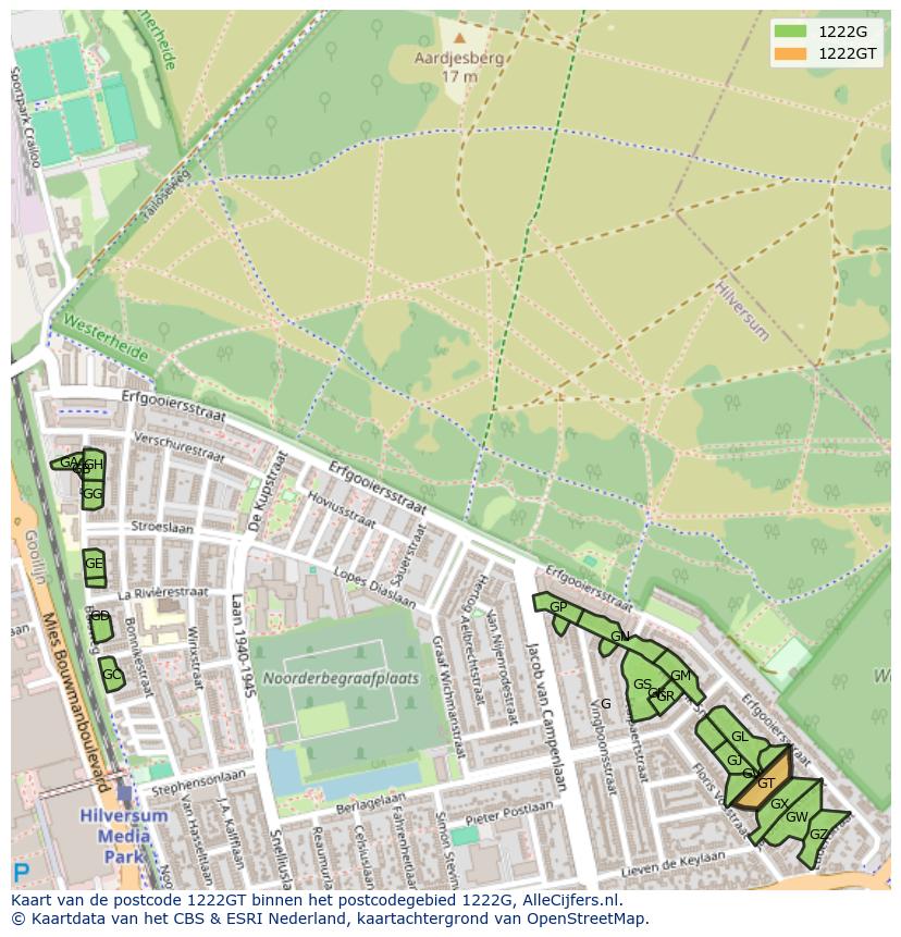 Afbeelding van het postcodegebied 1222 GT op de kaart.