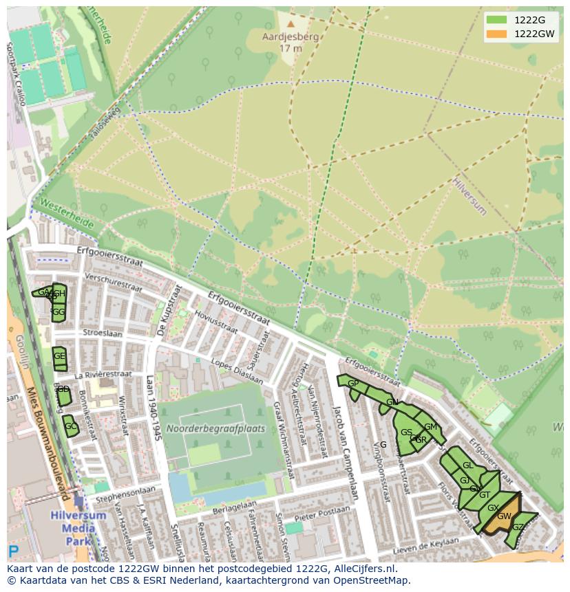 Afbeelding van het postcodegebied 1222 GW op de kaart.